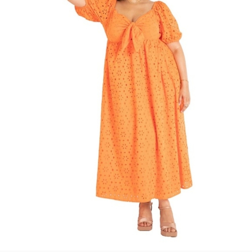 Eloquii Orange Eyelet Tie-Front Maxi Dress